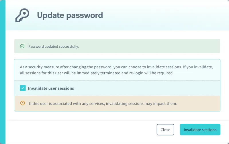Dialog to invalidate SAM user session.