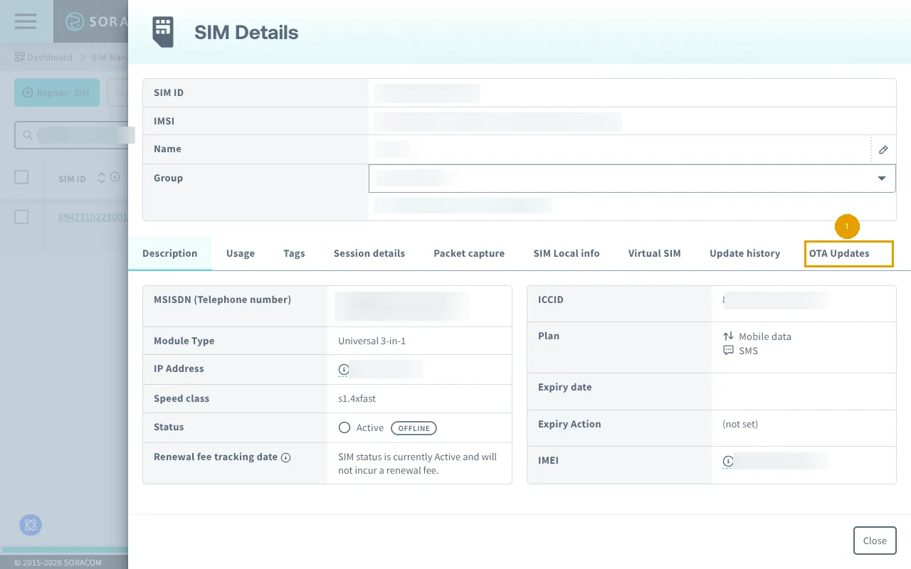 OTA Updates tab on SIM Details page