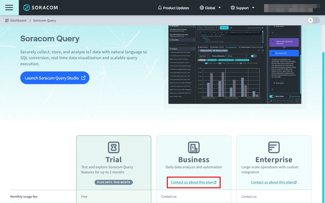 Screenshot of the link to contact Soracom for a Business plan