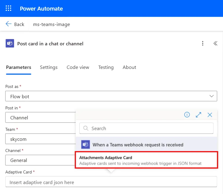 Screenshot displaying the Attachments Adaptive Card option in Microsoft Power Automate.