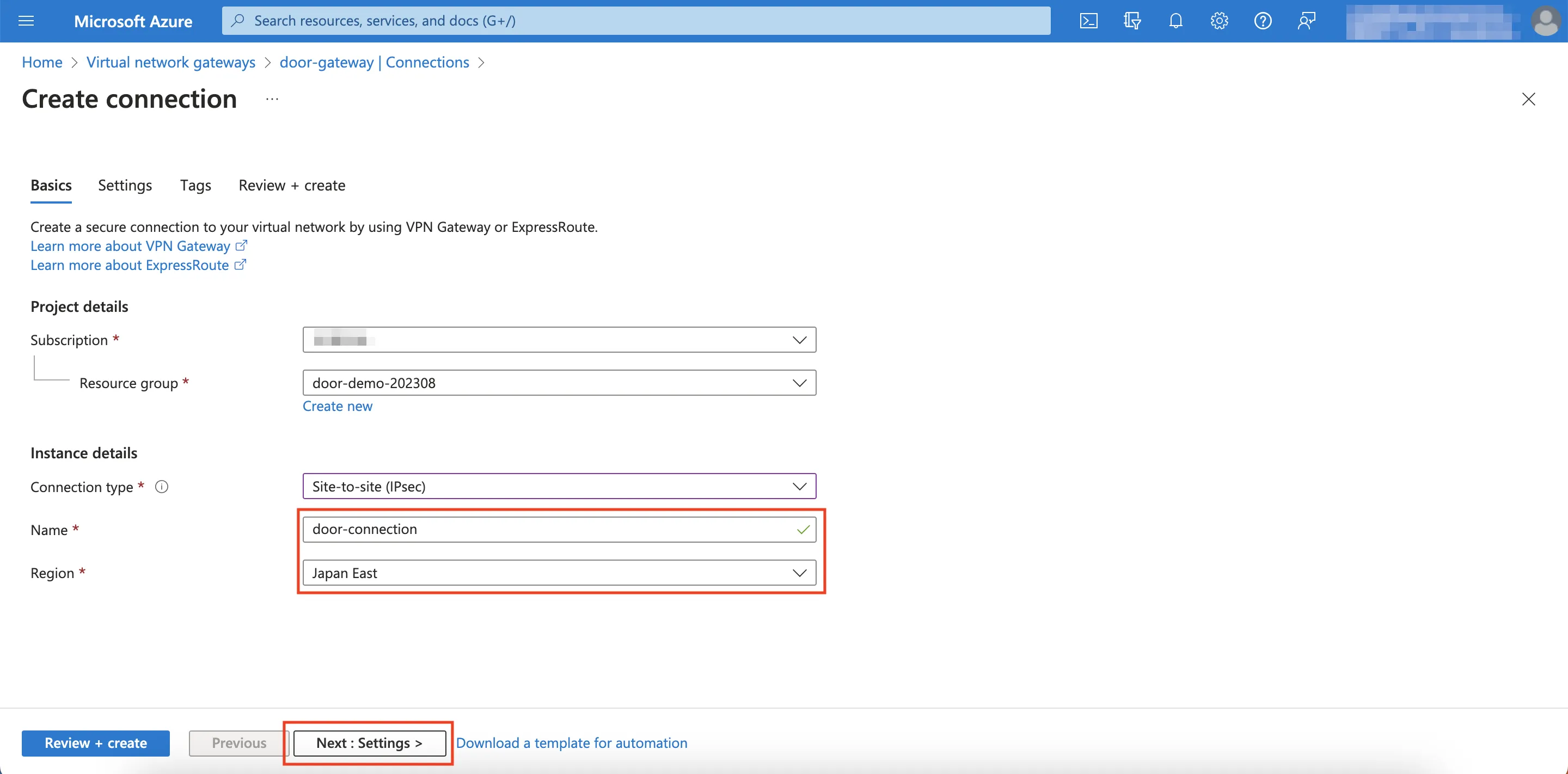 Connection Name and Region Configuration