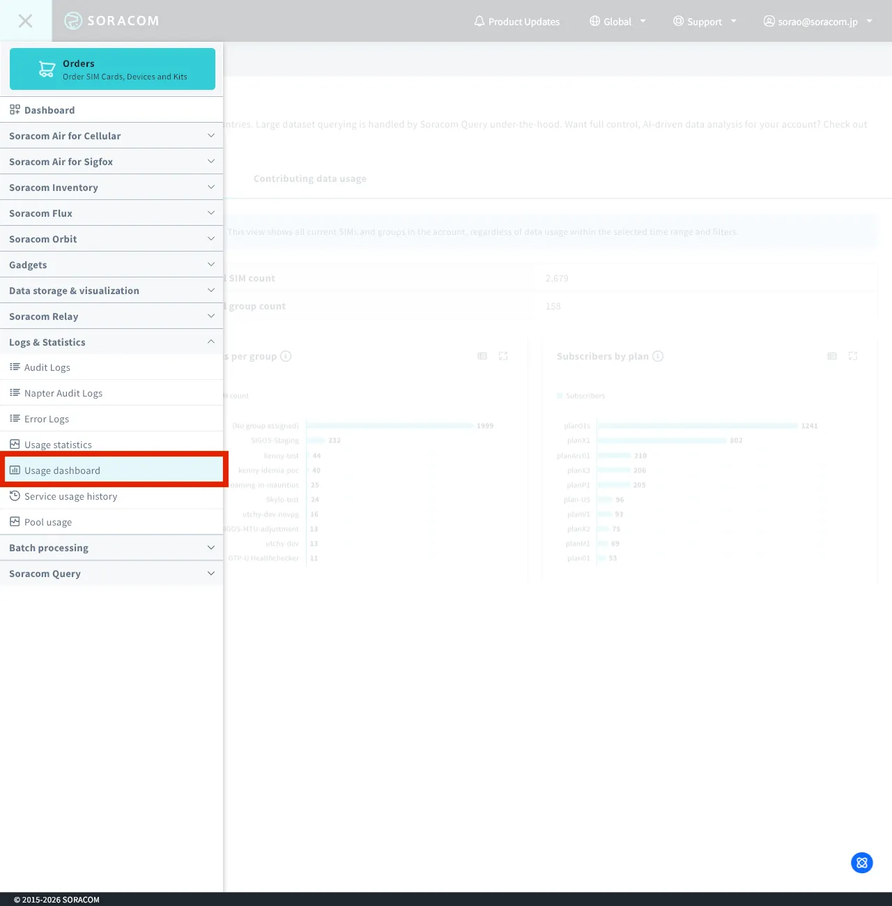 Screenshot of the left navigation menu with Logs & Statistics expanded and Usage Dashboard highlighted