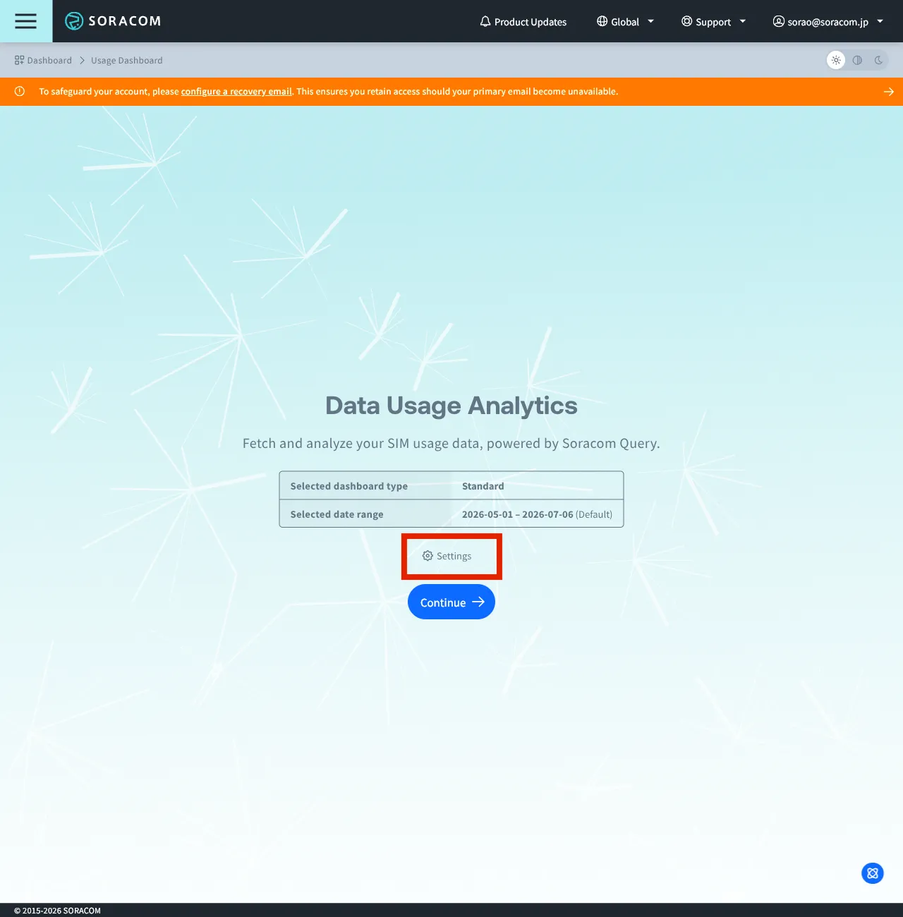 Screenshot of the Data Usage Analytics start screen showing the Settings and Continue buttons